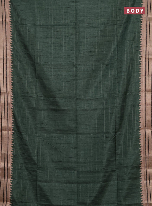 Semi tussar saree dark green and beige with allover zari checked pattern and temple design zari woven border