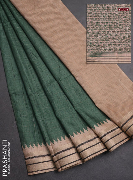 Semi tussar saree dark green and beige with allover zari checked pattern and temple design zari woven border