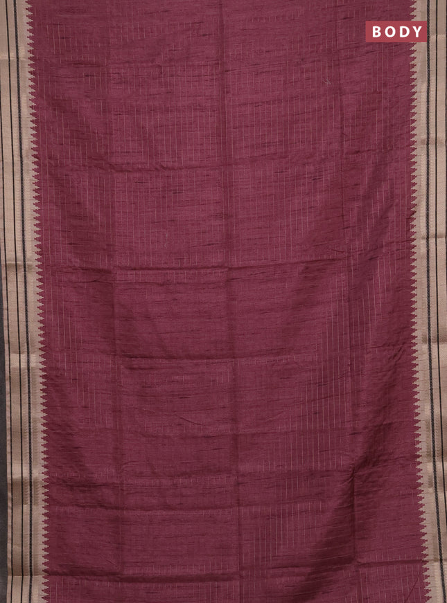 Semi tussar saree wine shade and beige with allover zari checked pattern and temple design zari woven border