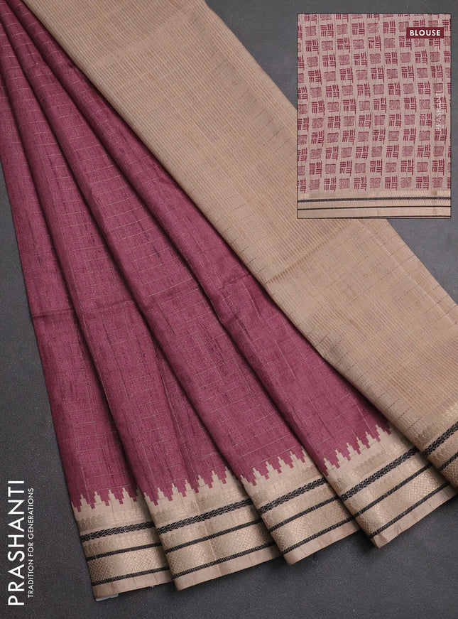 Semi tussar saree wine shade and beige with allover zari checked pattern and temple design zari woven border