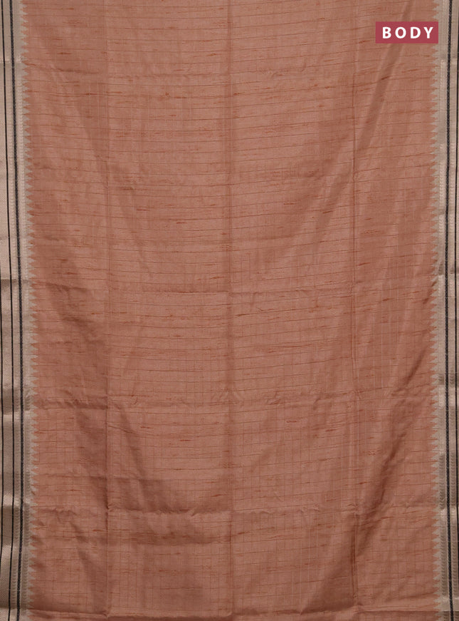 Semi tussar saree sandal and beige with allover zari checked pattern and temple design zari woven border