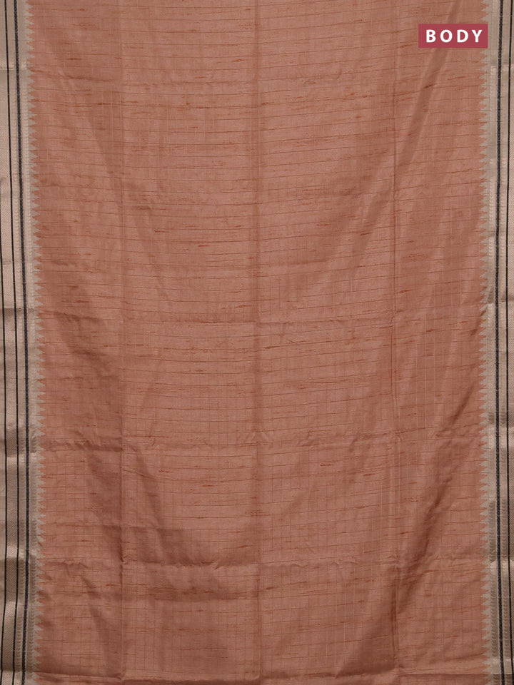 Semi tussar saree sandal and beige with allover zari checked pattern and temple design zari woven border
