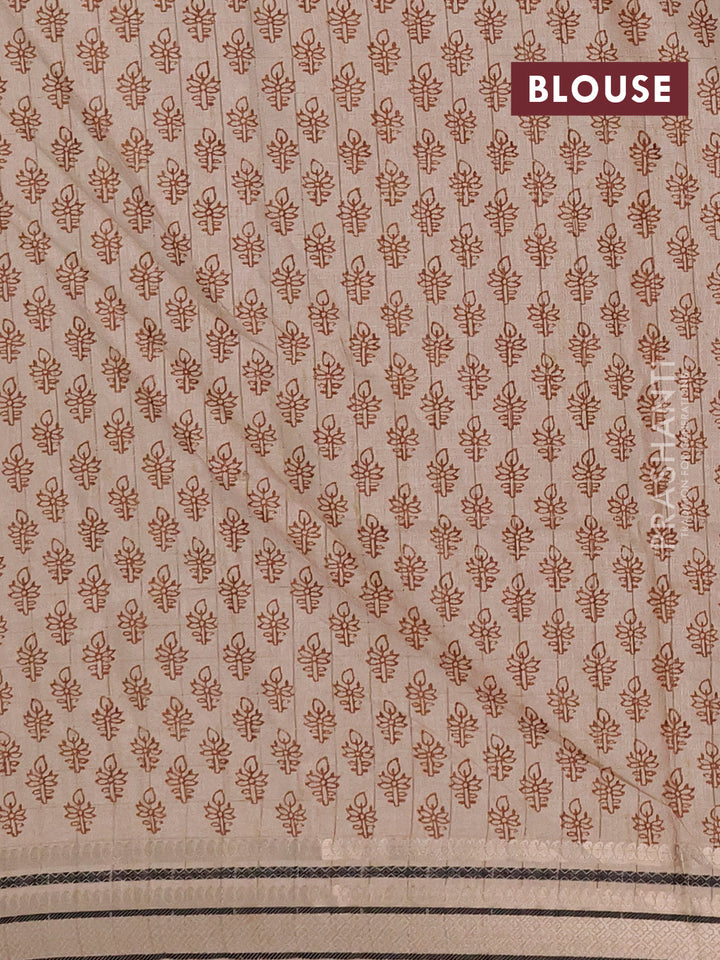 Semi tussar saree sandal and beige with allover zari checked pattern and temple design zari woven border