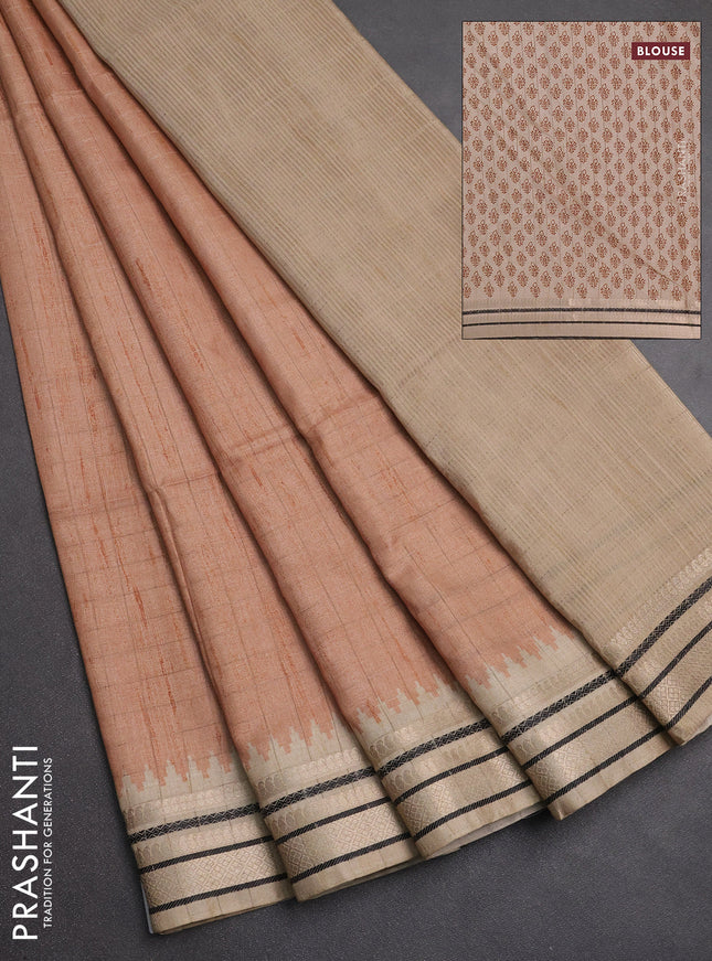 Semi tussar saree sandal and beige with allover zari checked pattern and temple design zari woven border
