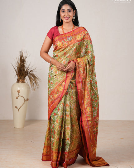 Rajkot patola silk saree green and red with allover ikat weaves and ikat woven zari border