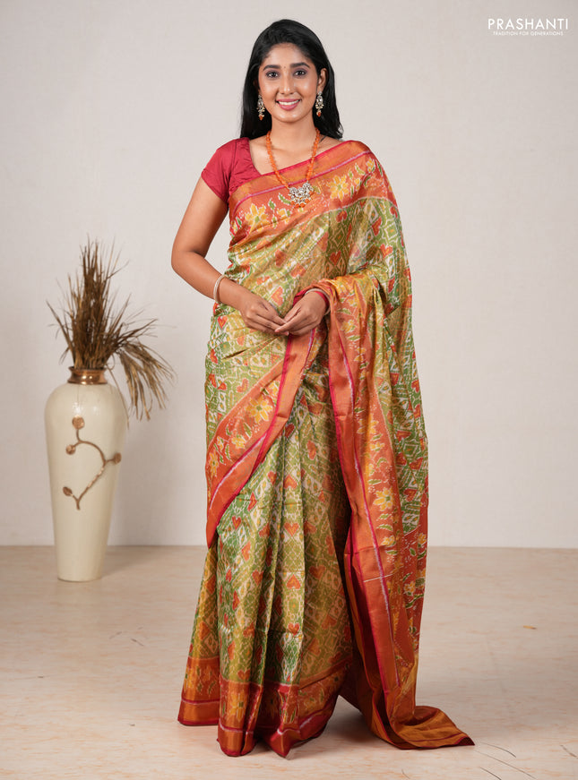 Rajkot patola silk saree green and red with allover ikat weaves and ikat woven zari border