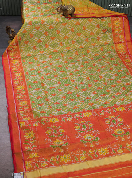 Rajkot patola silk saree green and red with allover ikat weaves and ikat woven zari border