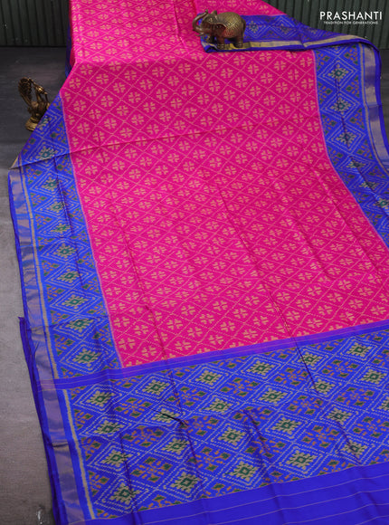 Rajkot patola silk saree magenta pink and blue with allover ikat weaves and ikat woven zari border
