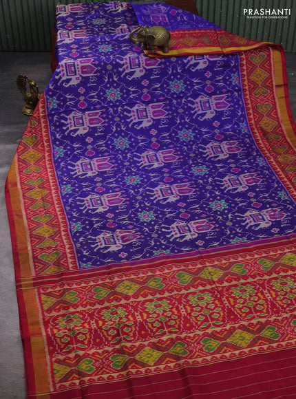 Rajkot patola silk saree blue and red with allover ikat weaves and ikat woven zari border