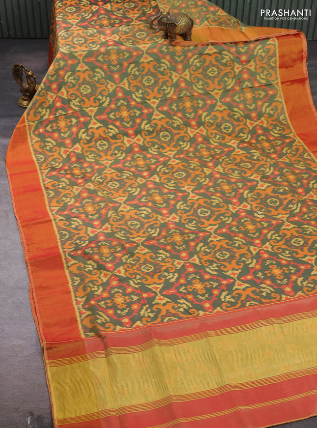Rajkot patola silk saree green shade and red shade with allover ikat weaves and zari woven border