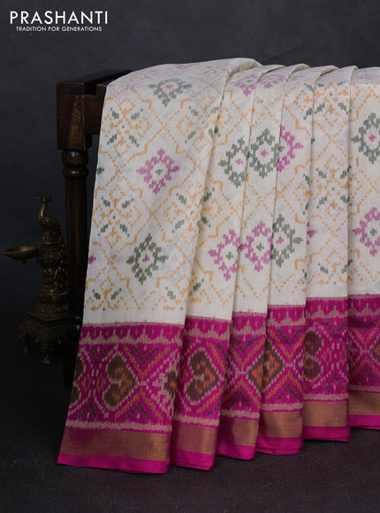 Rajkot patola silk saree cream and pink with allover ikat weaves and ikat woven zari border
