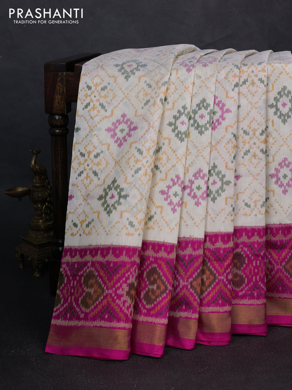 Rajkot patola silk saree cream and pink with allover ikat weaves and ikat woven zari border