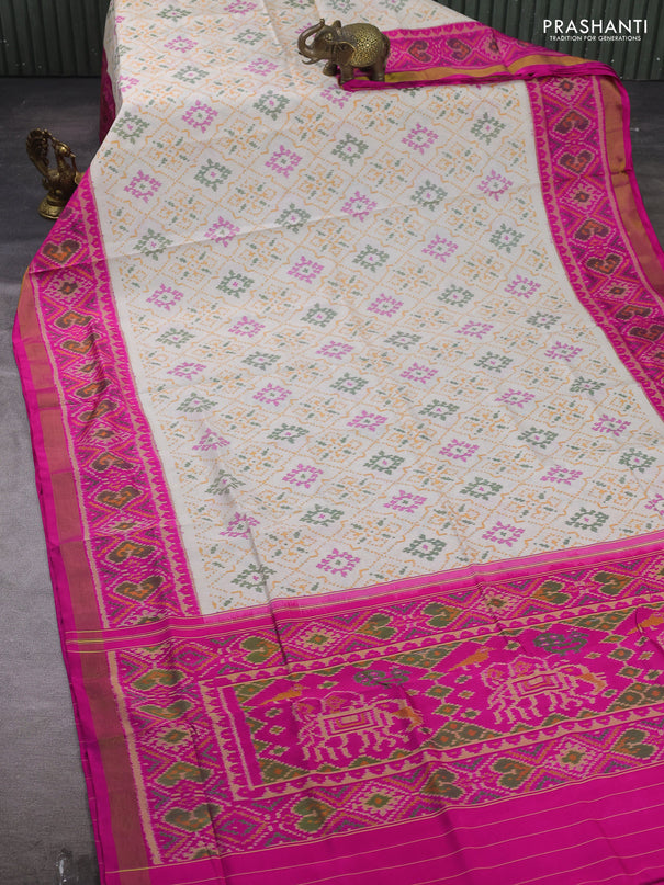 Rajkot patola silk saree cream and pink with allover ikat weaves and ikat woven zari border