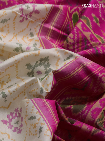 Rajkot patola silk saree cream and pink with allover ikat weaves and ikat woven zari border