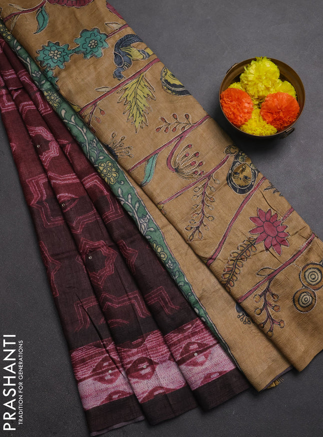 Matka tussar saree deep maroon and sandal with allover shibori prints & mirror work and kalamkari prints & embroidery pallu