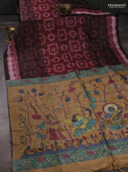 Matka tussar saree deep maroon and sandal with allover shibori prints & mirror work and kalamkari prints & embroidery pallu