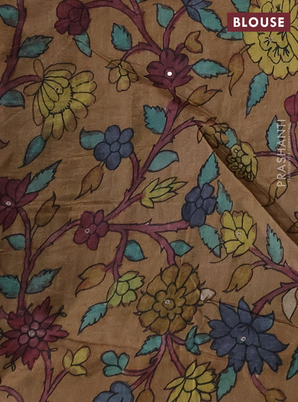 Matka tussar saree deep maroon and sandal with allover shibori prints & mirror work and kalamkari prints & embroidery pallu