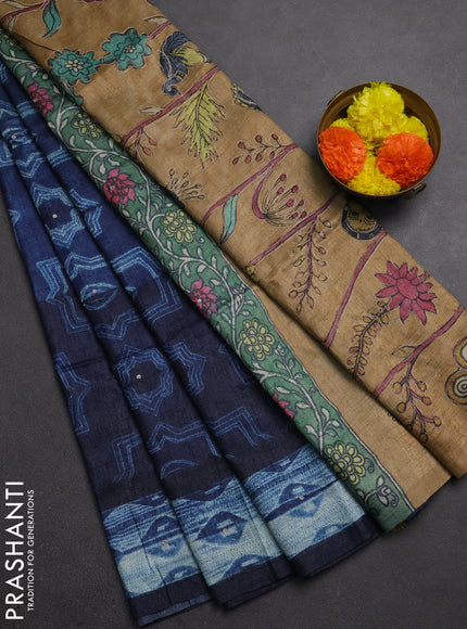 Matka tussar saree navy blue and sandal with allover shibori prints & mirror work and kalamkari prints & embroidery pallu