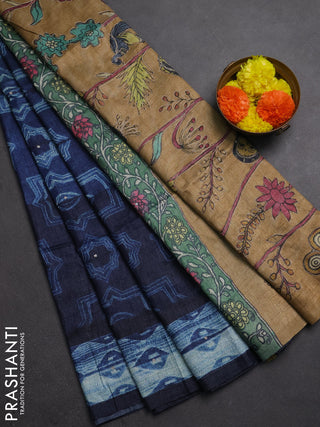 Matka tussar saree navy blue and sandal with allover shibori prints & mirror work and kalamkari prints & embroidery pallu