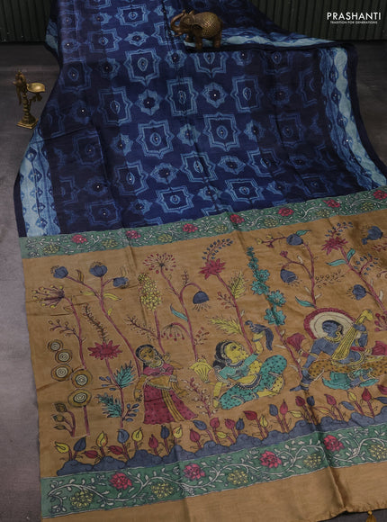 Matka tussar saree navy blue and sandal with allover shibori prints & mirror work and kalamkari prints & embroidery pallu