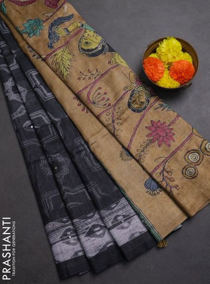 Matka tussar saree black and sandal with allover shibori prints & mirror work and kalamkari prints & embroidery pallu