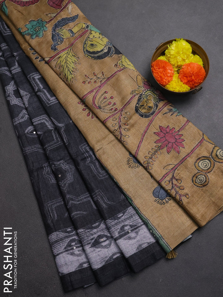 Matka tussar saree black and sandal with allover shibori prints & mirror work and kalamkari prints & embroidery pallu