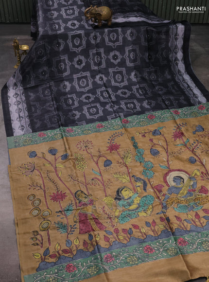 Matka tussar saree black and sandal with allover shibori prints & mirror work and kalamkari prints & embroidery pallu