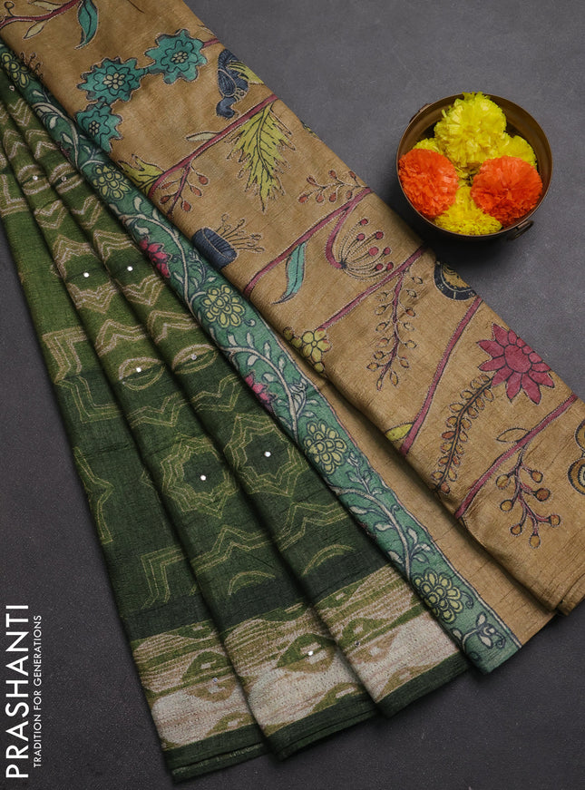 Matka tussar saree sap green and sandal with allover shibori prints & mirror work and kalamkari prints & embroidery pallu