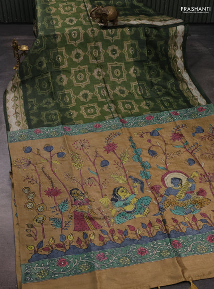 Matka tussar saree sap green and sandal with allover shibori prints & mirror work and kalamkari prints & embroidery pallu