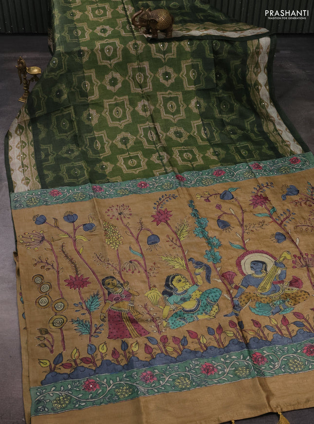 Matka tussar saree sap green and sandal with allover shibori prints & mirror work and kalamkari prints & embroidery pallu