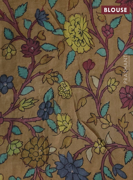 Matka tussar saree sap green and sandal with allover shibori prints & mirror work and kalamkari prints & embroidery pallu