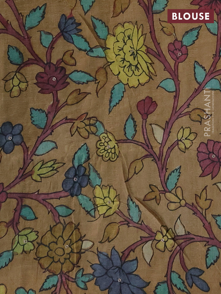 Matka tussar saree sap green and sandal with allover shibori prints & mirror work and kalamkari prints & embroidery pallu