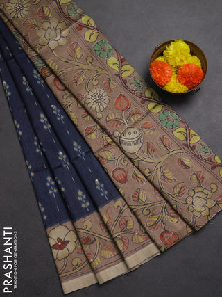 Matka tussar saree navy blue and pastel brown with allover ikat butta prints & mirror work and kalamkari prints & embroidery pallu