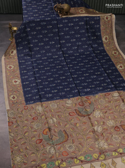 Matka tussar saree navy blue and pastel brown with allover ikat butta prints & mirror work and kalamkari prints & embroidery pallu