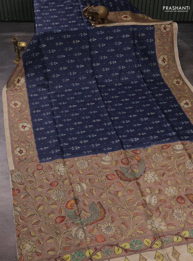 Matka tussar saree navy blue and pastel brown with allover ikat butta prints & mirror work and kalamkari prints & embroidery pallu