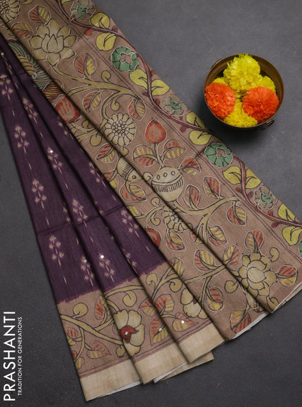 Matka tussar saree wine shade and pastel brown with allover ikat butta prints & mirror work and kalamkari prints & embroidery pallu