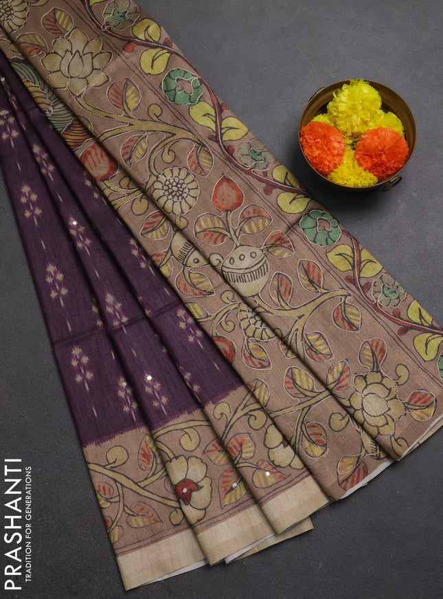 Matka tussar saree wine shade and pastel brown with allover ikat butta prints & mirror work and kalamkari prints & embroidery pallu
