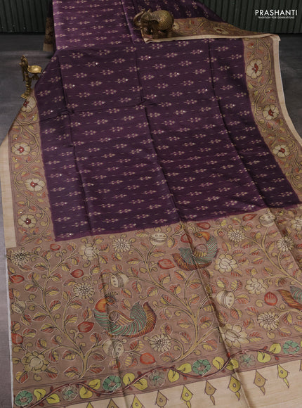 Matka tussar saree wine shade and pastel brown with allover ikat butta prints & mirror work and kalamkari prints & embroidery pallu