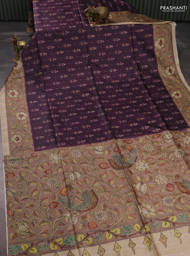 Matka tussar saree wine shade and pastel brown with allover ikat butta prints & mirror work and kalamkari prints & embroidery pallu
