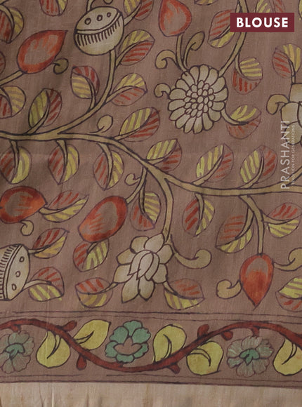 Matka tussar saree wine shade and pastel brown with allover ikat butta prints & mirror work and kalamkari prints & embroidery pallu