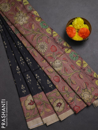 Matka tussar saree black and dark peach with allover ikat butta prints & mirror work and kalamkari prints & embroidery pallu
