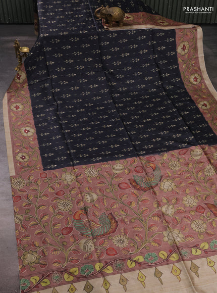 Matka tussar saree black and dark peach with allover ikat butta prints & mirror work and kalamkari prints & embroidery pallu