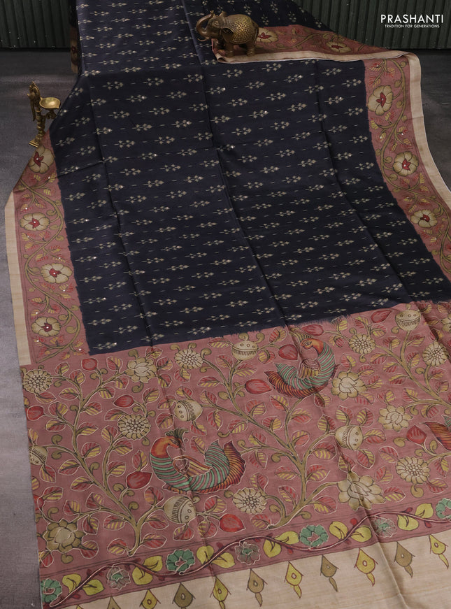 Matka tussar saree black and dark peach with allover ikat butta prints & mirror work and kalamkari prints & embroidery pallu