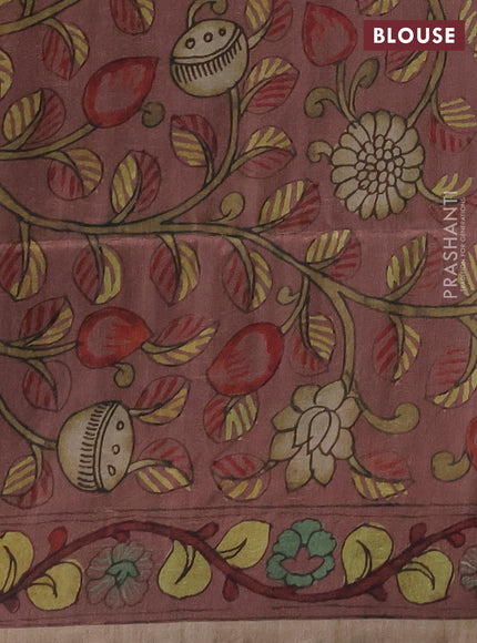 Matka tussar saree black and dark peach with allover ikat butta prints & mirror work and kalamkari prints & embroidery pallu