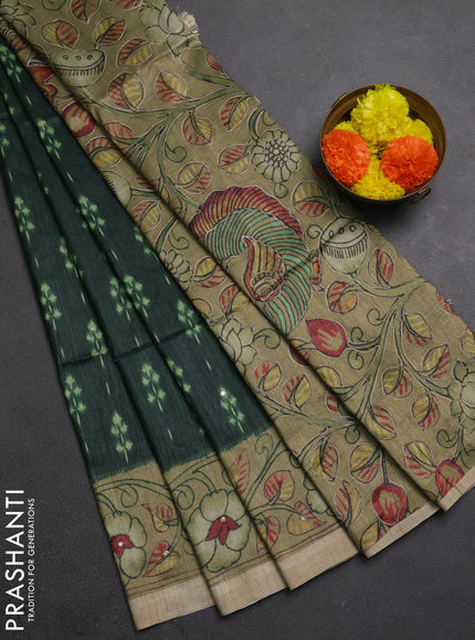 Matka tussar saree bottle green and elaichi green with allover ikat butta prints & mirror work and kalamkari prints & embroidery pallu
