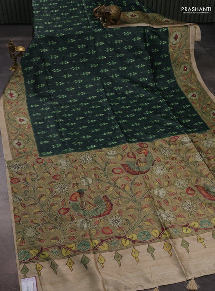 Matka tussar saree bottle green and elaichi green with allover ikat butta prints & mirror work and kalamkari prints & embroidery pallu