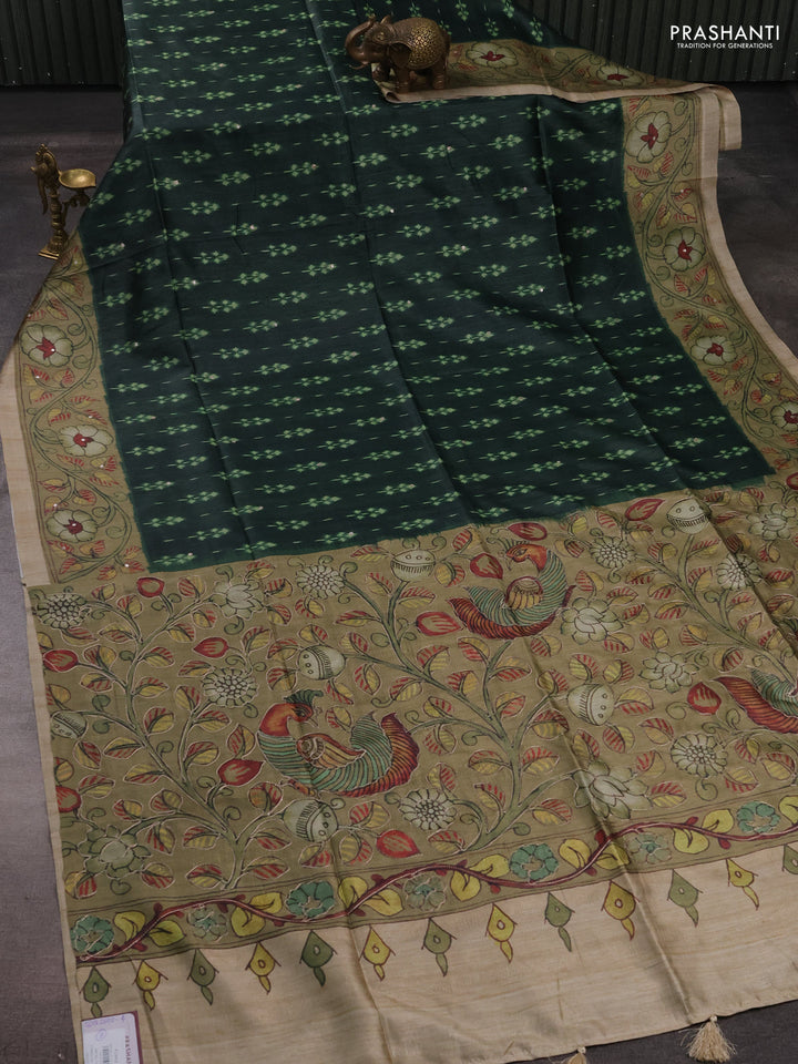 Matka tussar saree bottle green and elaichi green with allover ikat butta prints & mirror work and kalamkari prints & embroidery pallu