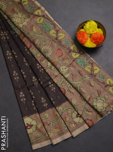 Matka tussar saree coffee brown and pastel brown with allover ikat butta prints & mirror work and kalamkari prints & embroidery pallu