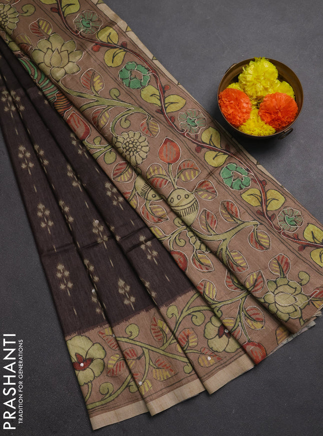 Matka tussar saree coffee brown and pastel brown with allover ikat butta prints & mirror work and kalamkari prints & embroidery pallu