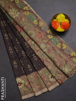 Matka tussar saree coffee brown and pastel brown with allover ikat butta prints & mirror work and kalamkari prints & embroidery pallu